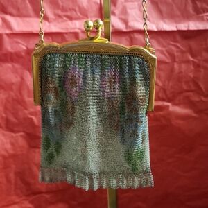 Vintage Whiting and Davis Dresden Mesh Evening Bag w/ Floral Motif